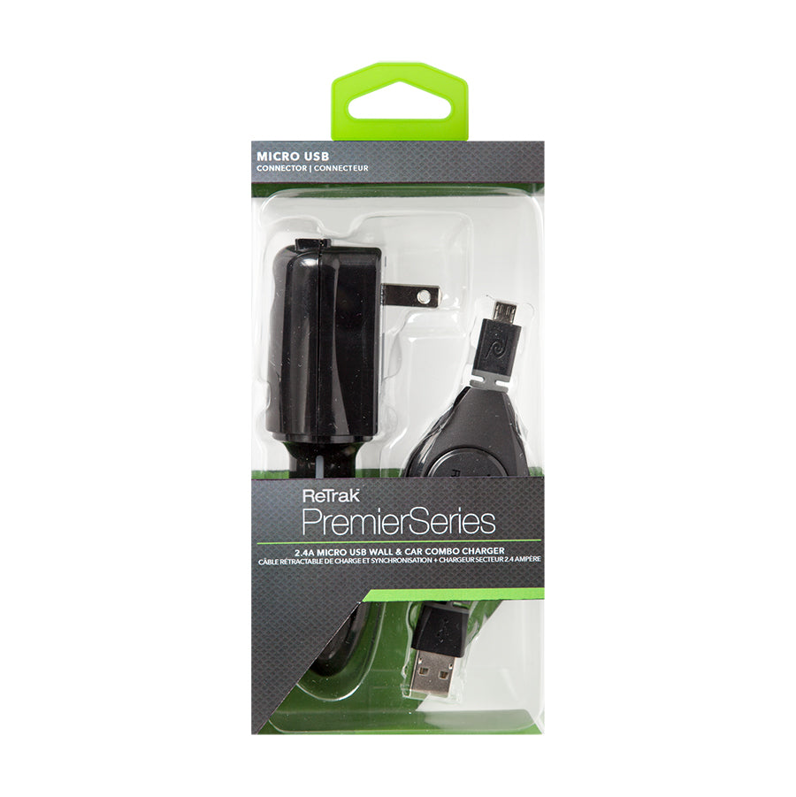 Micro USB Car and Wall Charger | Car Charger + Wall Charger 2.4A | Retractable Micro USB Cable