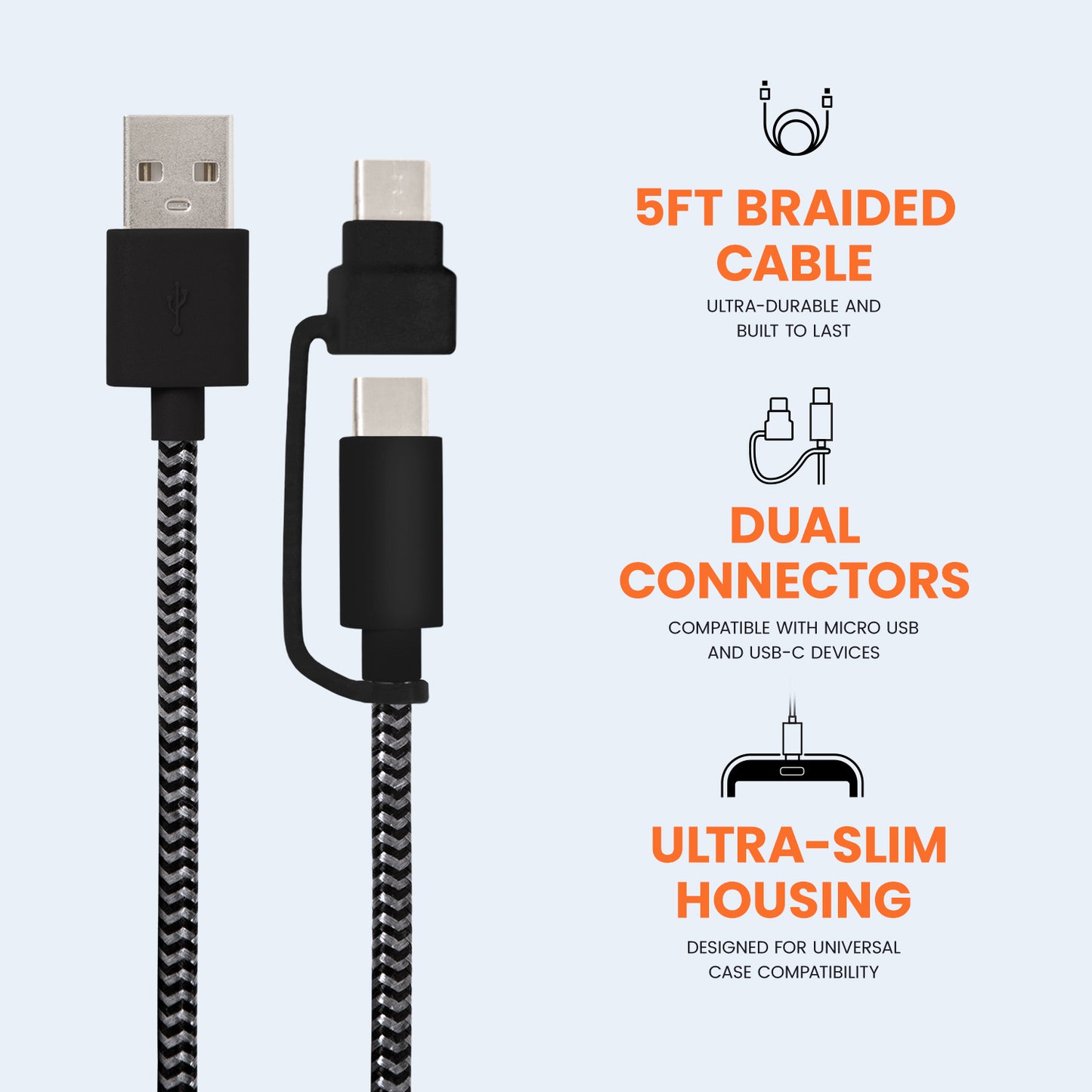 USB-A to USB-C Cable with Micro USB Adapter - 10 FT