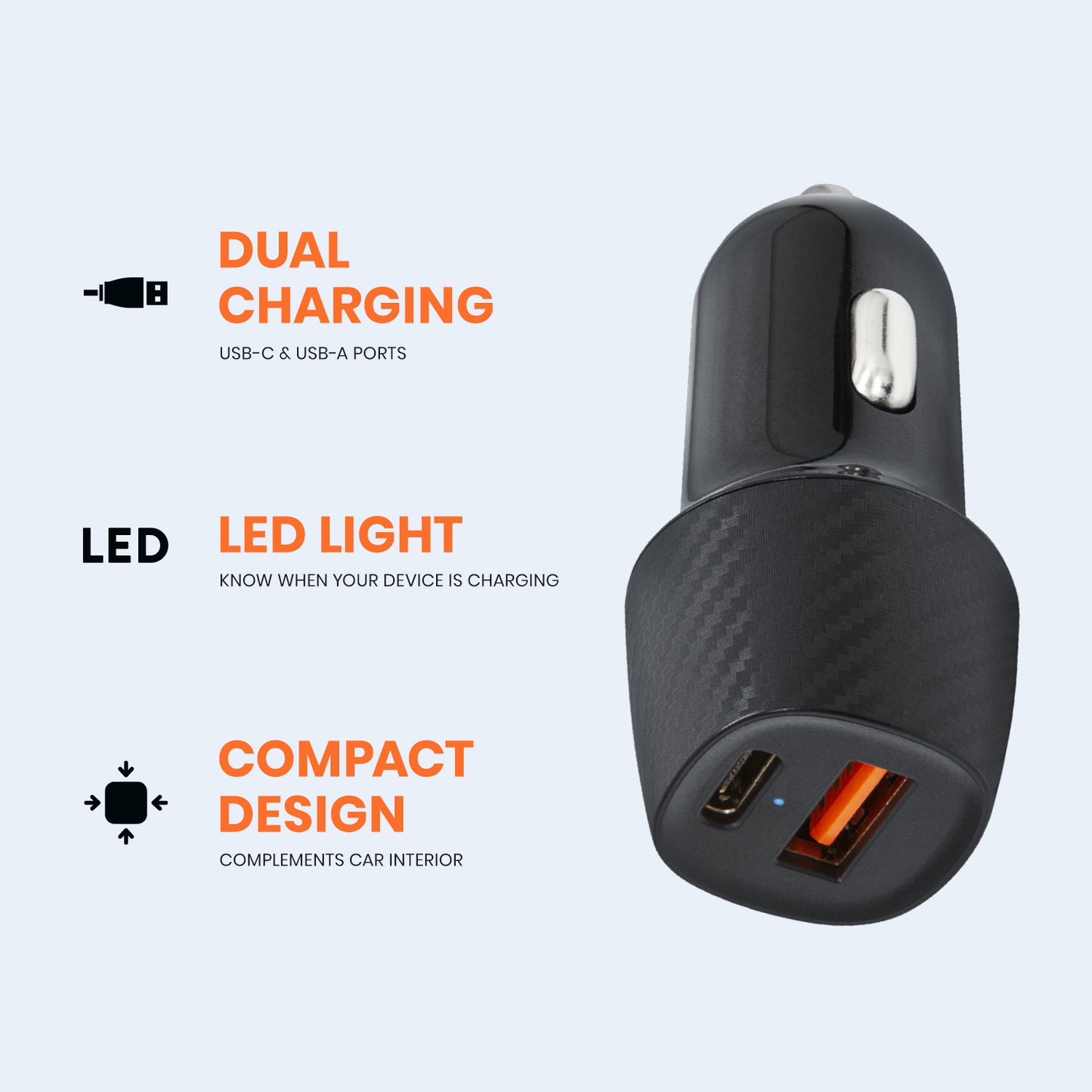 Car Charger with USB-A and USB-C Ports