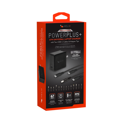 PowerPlus+ 67W Universal Laptop Charger with Two Cables and 14 Adapter Tips