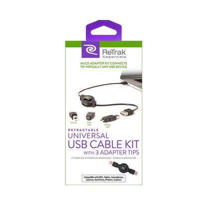 USB Universal Extension Cable | 3 Adapters - USB B, Micro 5, and Mini 5 | Retractable Cable