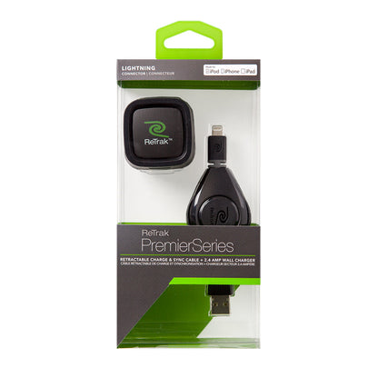 Lightning Wall Charger | Retractable Lightning Charging Cable | 2.4A Wall Charger | Black