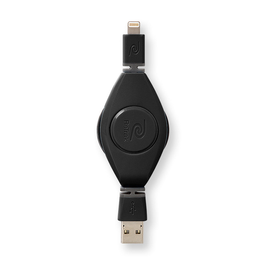Lightning Wall Charger | Retractable Lightning Charging Cable | 2.4A Wall Charger | Black