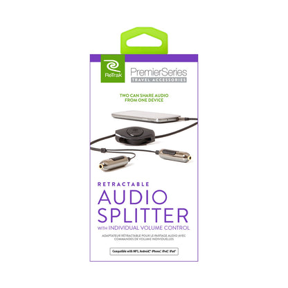 Premier Retractable Audio Headphone Splitter Cable with Individual Volume Controls