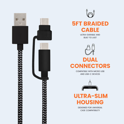 USB-A to USB-C Cable with Micro USB Adapter - 10 FT